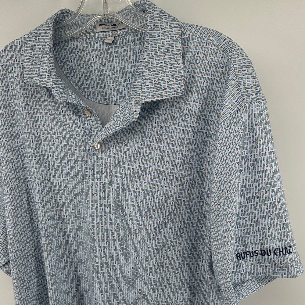 Peter Millar Summer Comfort Rufus Du Chaz Light Blue Geometric Polo Men’s Large